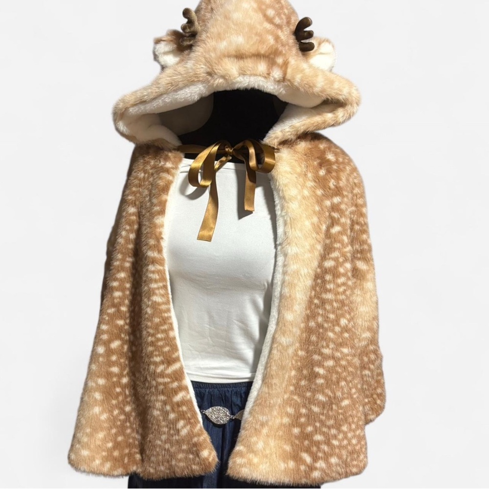 Cute Brown Deer/Fawn Hooded Faux Cloak With A Brown Ribbon